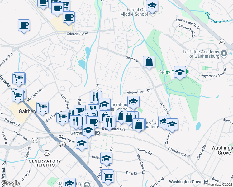 map of restaurants, bars, coffee shops, grocery stores, and more near 38 North Summit Drive in Gaithersburg