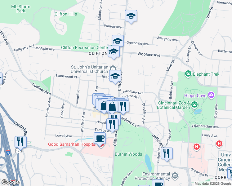 map of restaurants, bars, coffee shops, grocery stores, and more near 264 Loraine Avenue in Cincinnati