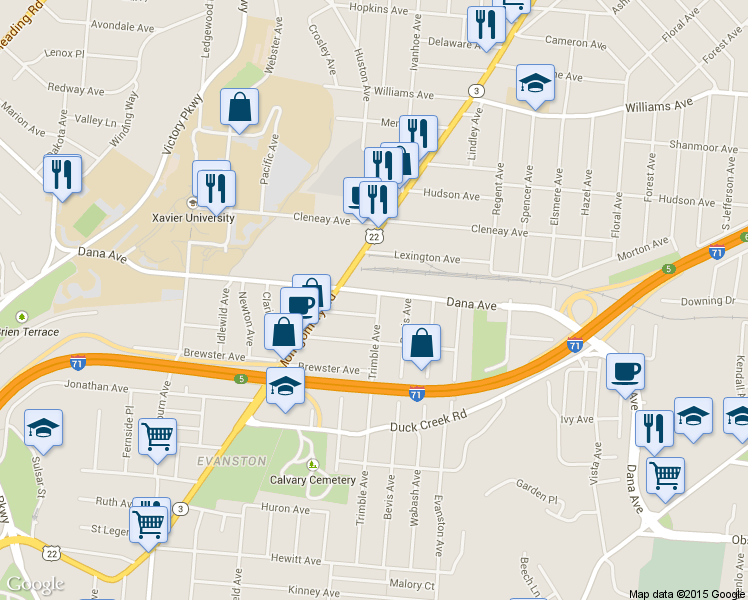 map of restaurants, bars, coffee shops, grocery stores, and more near 1820 Rutland Avenue in Cincinnati