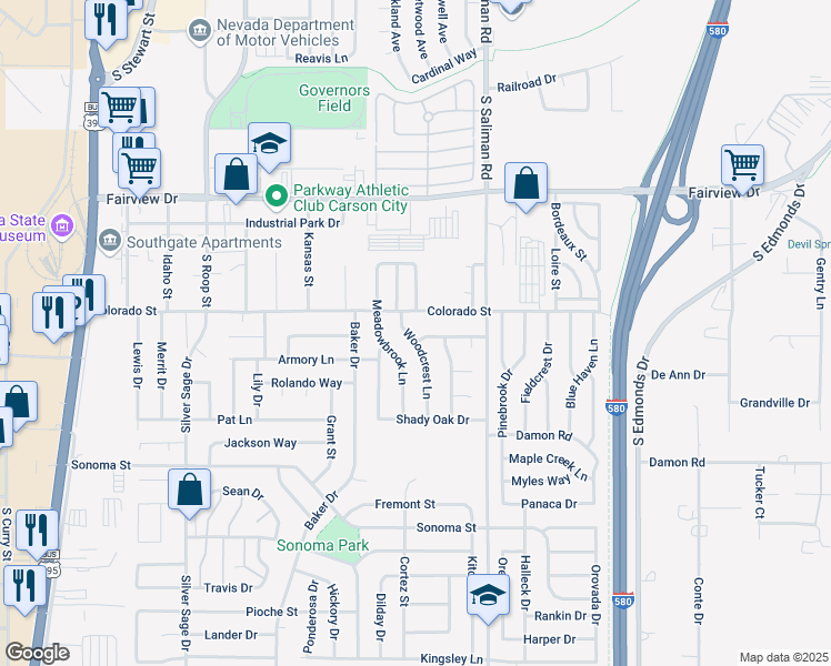 map of restaurants, bars, coffee shops, grocery stores, and more near 1300 Heather Way in Carson City