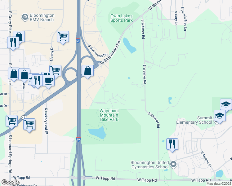 map of restaurants, bars, coffee shops, grocery stores, and more near 2201 South Oakdale Drive in Bloomington