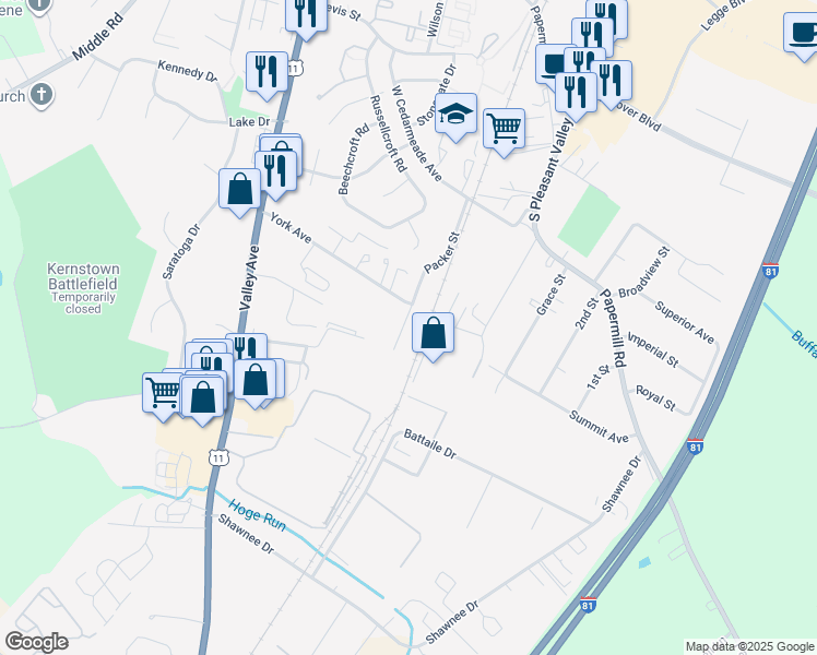 map of restaurants, bars, coffee shops, grocery stores, and more near 2932 Packer Street in Winchester