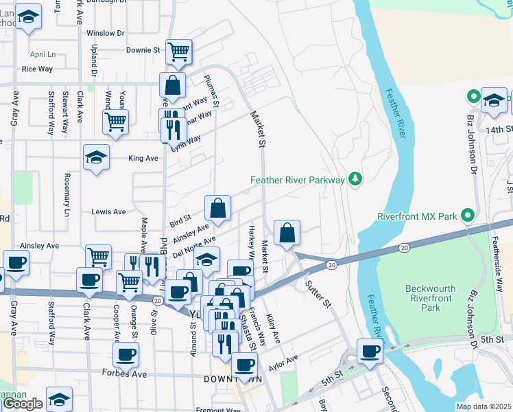 map of restaurants, bars, coffee shops, grocery stores, and more near 272 Ainsley Avenue in Yuba City