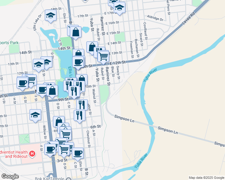 map of restaurants, bars, coffee shops, grocery stores, and more near 912 Blue Street in Marysville