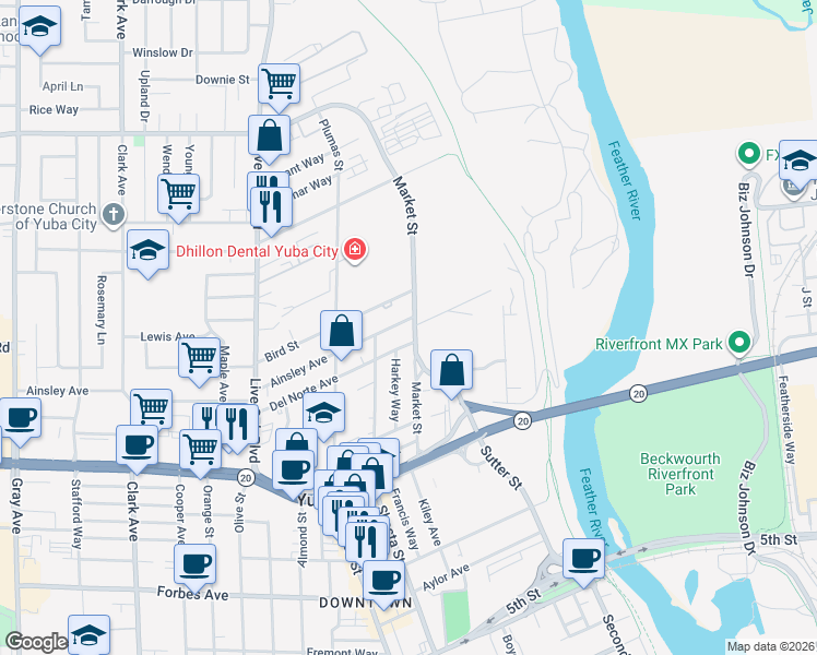 map of restaurants, bars, coffee shops, grocery stores, and more near 321 Del Norte Avenue in Yuba City