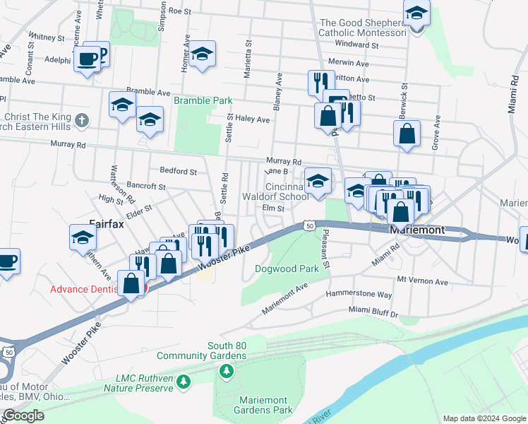 map of restaurants, bars, coffee shops, grocery stores, and more near 3820 Beech Street in Cincinnati