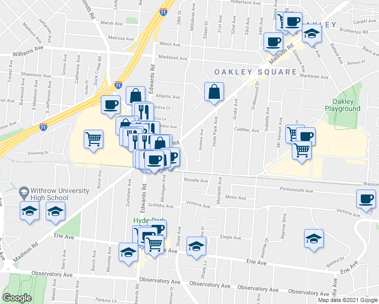 map of restaurants, bars, coffee shops, grocery stores, and more near 3723 Woodland Avenue in Cincinnati