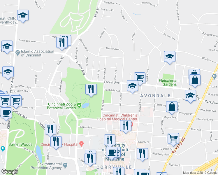 map of restaurants, bars, coffee shops, grocery stores, and more near 3442 Larona Avenue in Cincinnati
