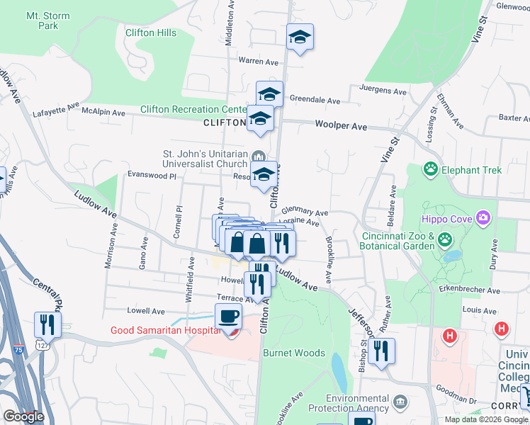 map of restaurants, bars, coffee shops, grocery stores, and more near 264 Loraine Avenue in Cincinnati