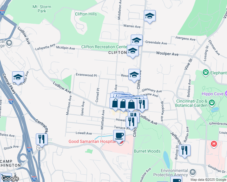 map of restaurants, bars, coffee shops, grocery stores, and more near 3442 Middleton Avenue in Cincinnati