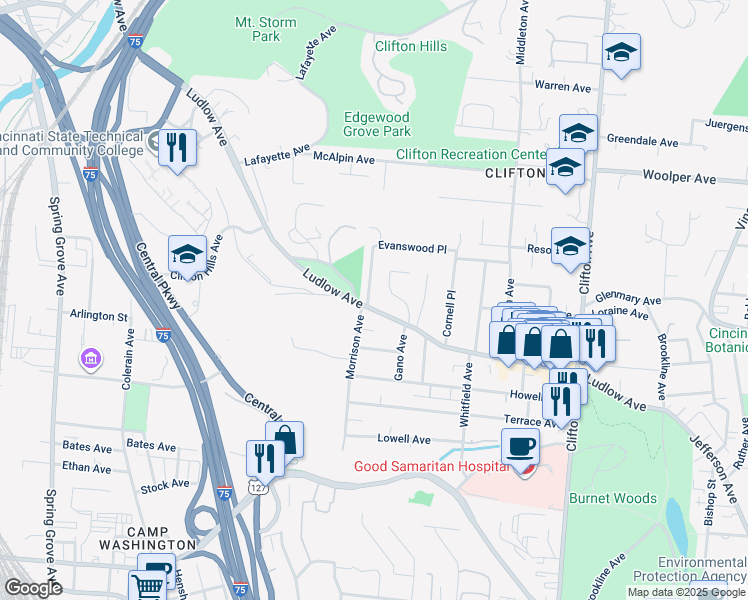 map of restaurants, bars, coffee shops, grocery stores, and more near 3386 Morrison Avenue in Cincinnati