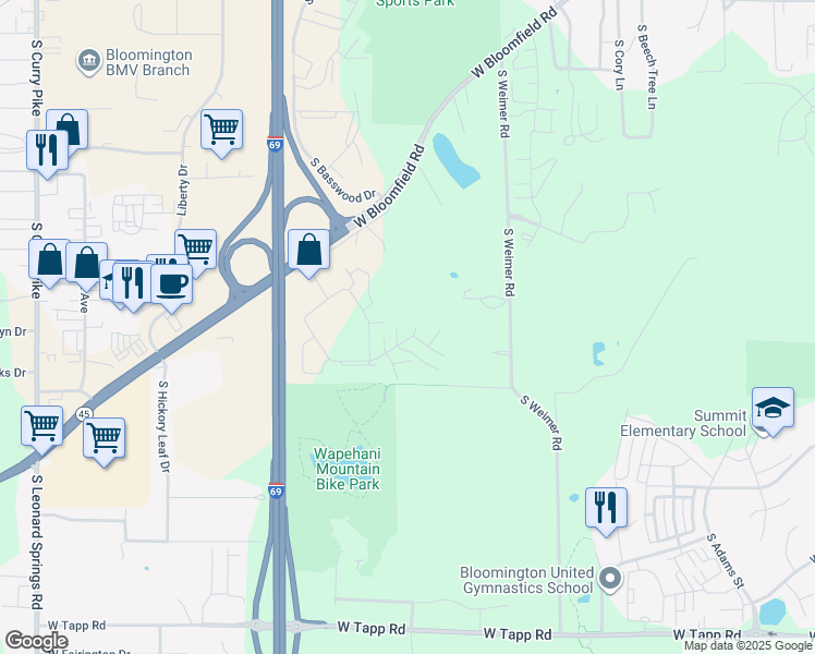 map of restaurants, bars, coffee shops, grocery stores, and more near 2106 South Oakdale Drive in Bloomington
