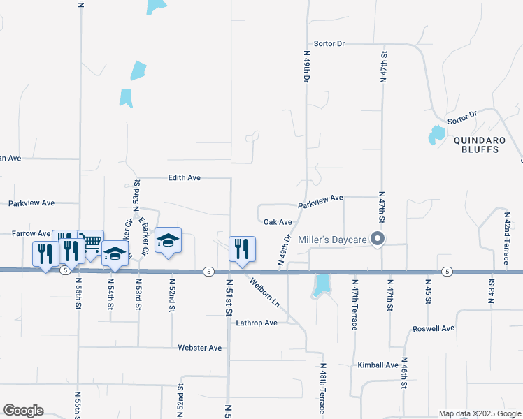 map of restaurants, bars, coffee shops, grocery stores, and more near 3220 North 50 Street in Kansas City