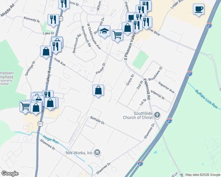 map of restaurants, bars, coffee shops, grocery stores, and more near 2966 South Pleasant Valley Road in Winchester