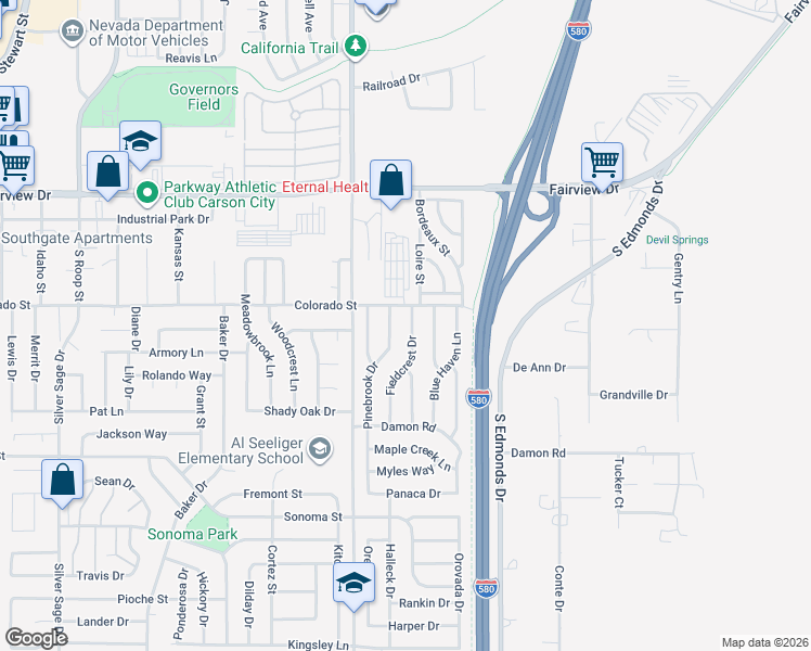 map of restaurants, bars, coffee shops, grocery stores, and more near 2411 Fieldcrest Drive in Carson City