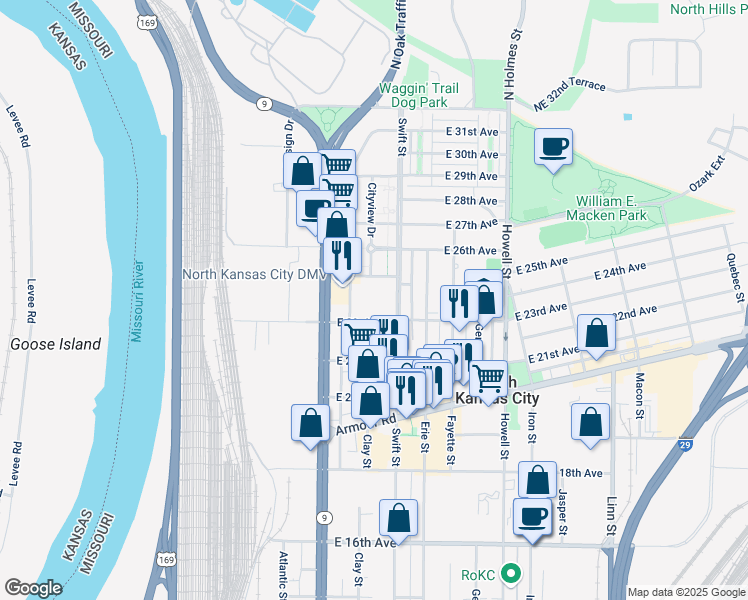 map of restaurants, bars, coffee shops, grocery stores, and more near 2300 Swift Street in Kansas City