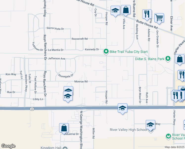 map of restaurants, bars, coffee shops, grocery stores, and more near 2891 Monroe Rd in Yuba City