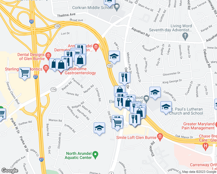 map of restaurants, bars, coffee shops, grocery stores, and more near 620 Old Stage Road in Glen Burnie