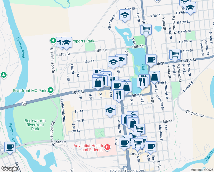 map of restaurants, bars, coffee shops, grocery stores, and more near 908 E Street in Marysville