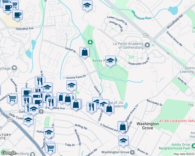 map of restaurants, bars, coffee shops, grocery stores, and more near 24 Anna Court in Gaithersburg