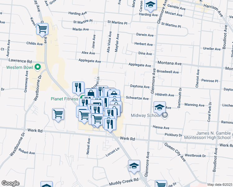 map of restaurants, bars, coffee shops, grocery stores, and more near 3550 Schwartze Avenue in Cincinnati