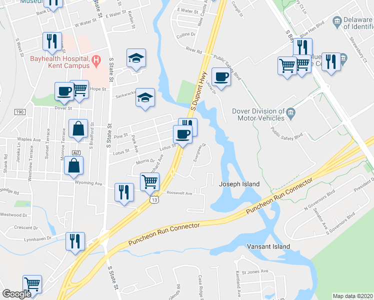 map of restaurants, bars, coffee shops, grocery stores, and more near 915 South Dupont Highway in Dover