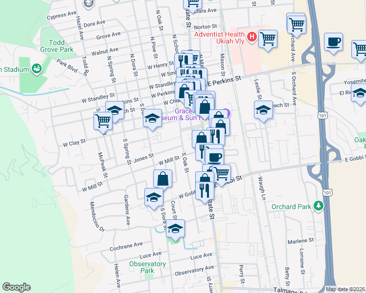 map of restaurants, bars, coffee shops, grocery stores, and more near 611 S Oak St in Ukiah