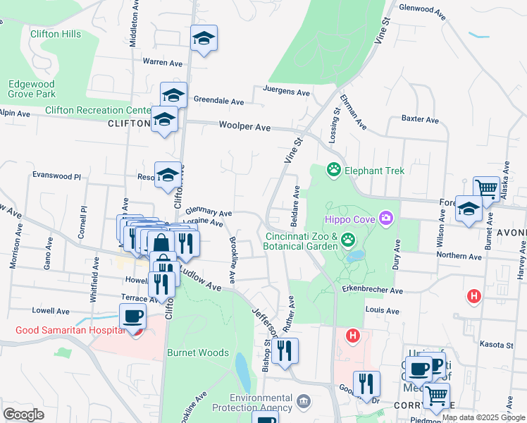 map of restaurants, bars, coffee shops, grocery stores, and more near 3512 Vine Street in Cincinnati