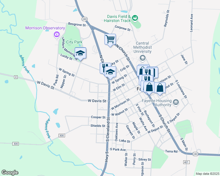 map of restaurants, bars, coffee shops, grocery stores, and more near Missouri 5 in Fayette