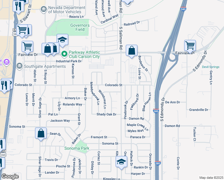 map of restaurants, bars, coffee shops, grocery stores, and more near 1400 Heather Way in Carson City
