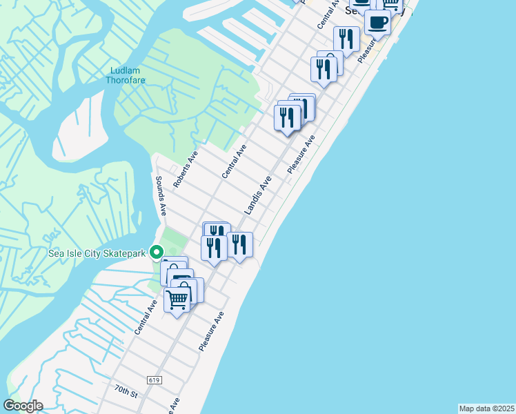 map of restaurants, bars, coffee shops, grocery stores, and more near 30 55th Street in Ocean City