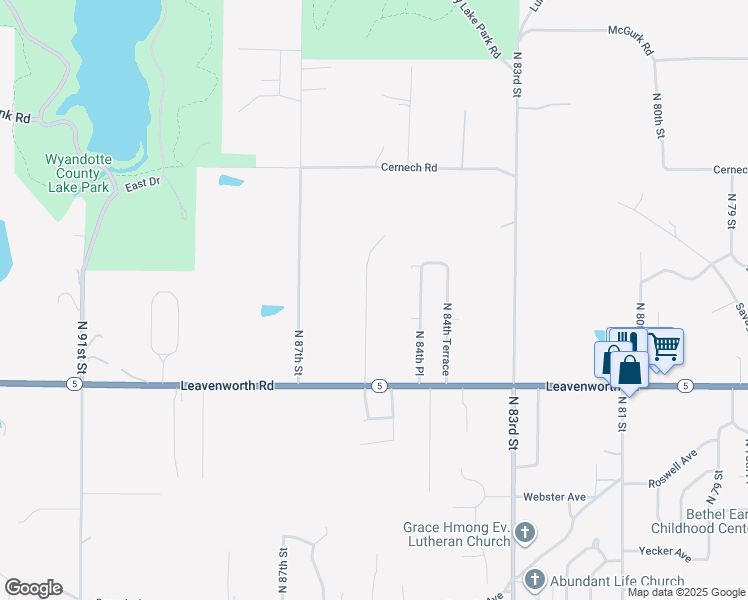 map of restaurants, bars, coffee shops, grocery stores, and more near 3208 North 85 Place in Kansas City