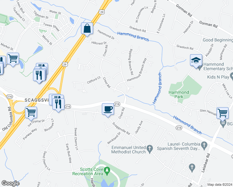 map of restaurants, bars, coffee shops, grocery stores, and more near 8207 Dragonfly Court in Laurel