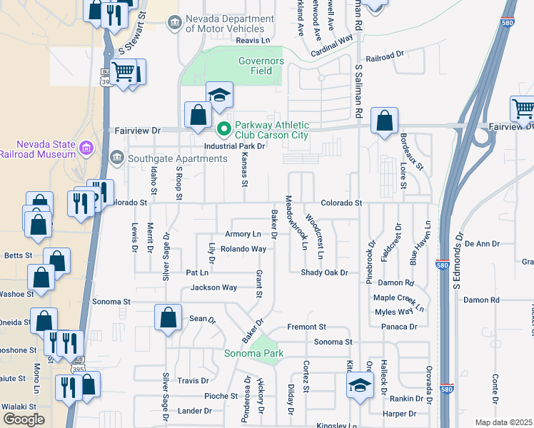 map of restaurants, bars, coffee shops, grocery stores, and more near 2400 Baker Drive in Carson City