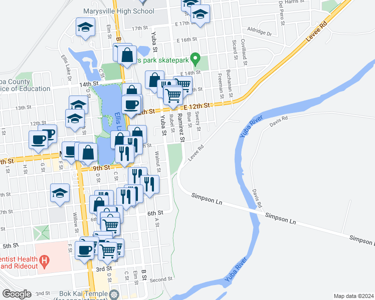 map of restaurants, bars, coffee shops, grocery stores, and more near 912 Blue Street in Marysville