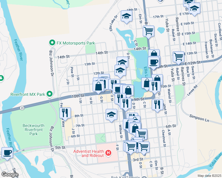 map of restaurants, bars, coffee shops, grocery stores, and more near 908 E Street in Marysville