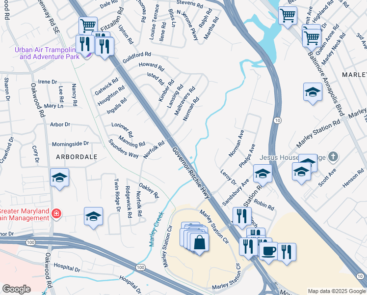 map of restaurants, bars, coffee shops, grocery stores, and more near 2100 Eastway in Glen Burnie