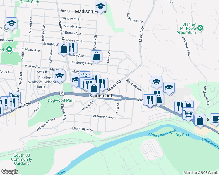 map of restaurants, bars, coffee shops, grocery stores, and more near 3914 Miami Road in Cincinnati