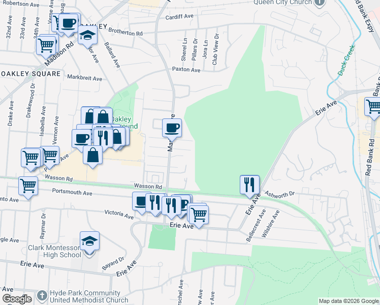 map of restaurants, bars, coffee shops, grocery stores, and more near 3447 Oak View Place in Cincinnati