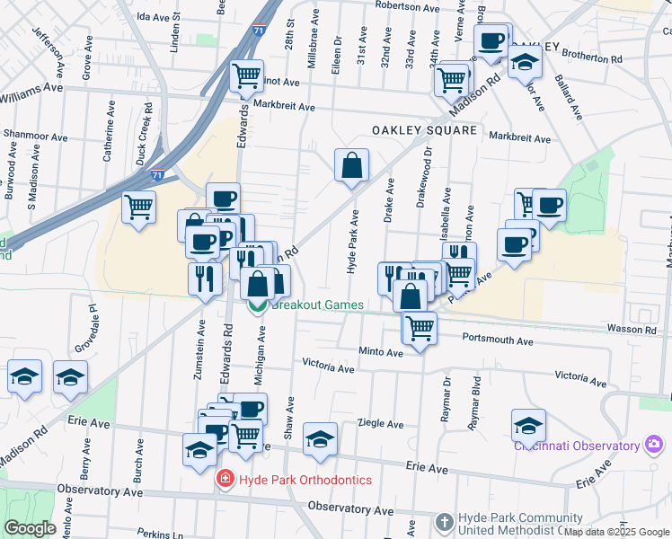 map of restaurants, bars, coffee shops, grocery stores, and more near 3732 Andrew Avenue in Cincinnati