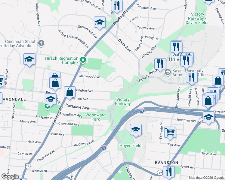map of restaurants, bars, coffee shops, grocery stores, and more near 915 Lexington Avenue in Cincinnati