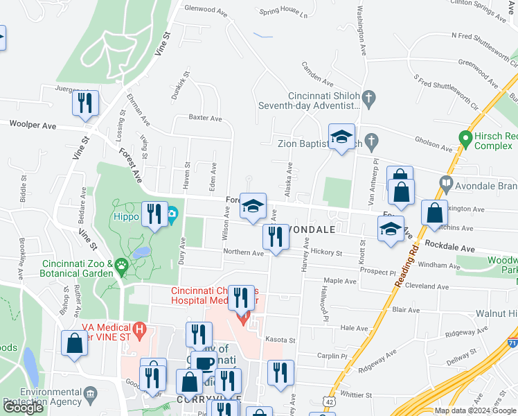 map of restaurants, bars, coffee shops, grocery stores, and more near 338 Rockdale Avenue in Cincinnati