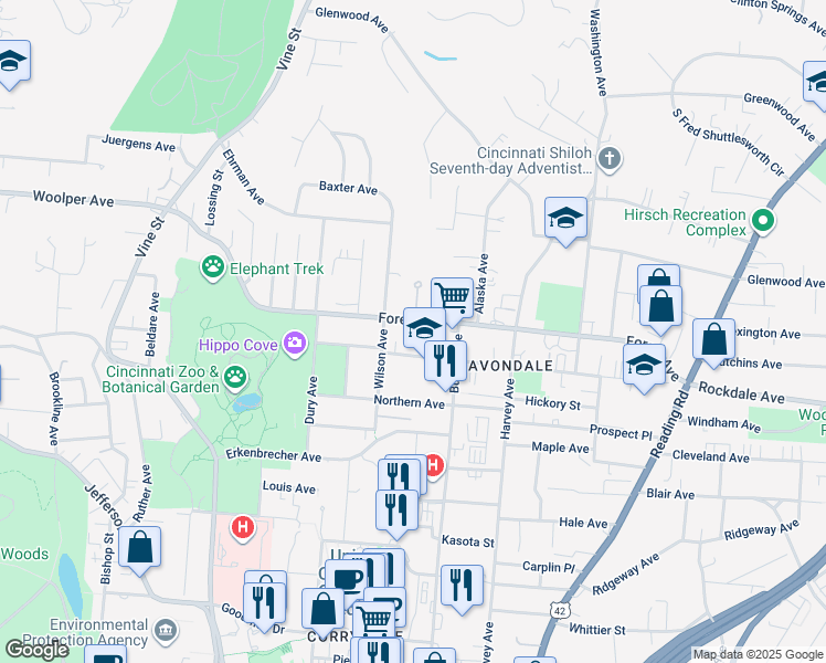 map of restaurants, bars, coffee shops, grocery stores, and more near 338 Rockdale Avenue in Cincinnati