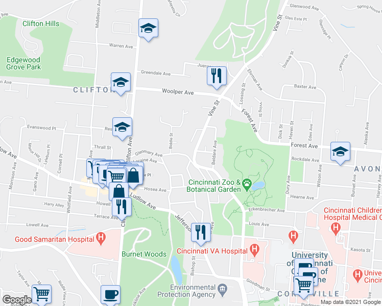 map of restaurants, bars, coffee shops, grocery stores, and more near 3512 Vine Street in Cincinnati