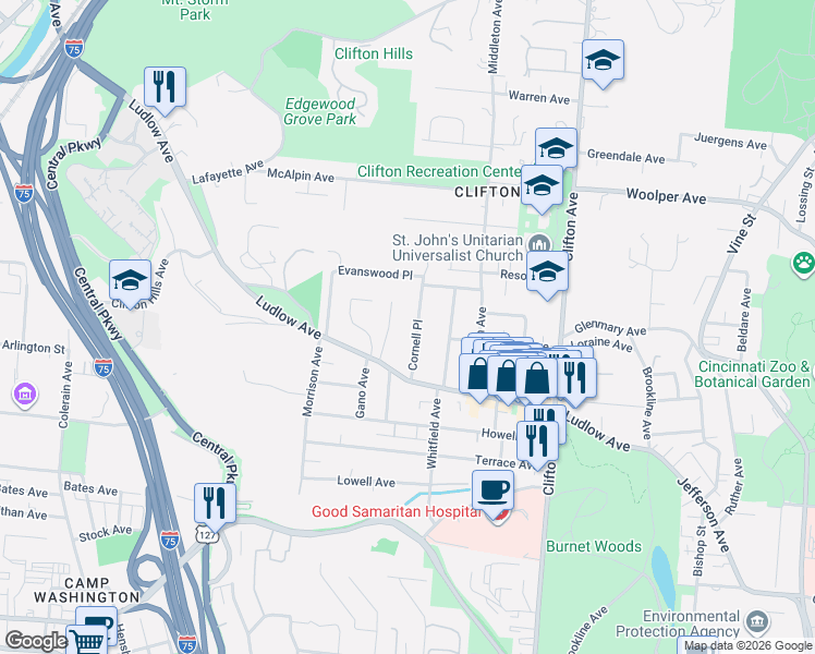 map of restaurants, bars, coffee shops, grocery stores, and more near 3429 Cornell Place in Cincinnati