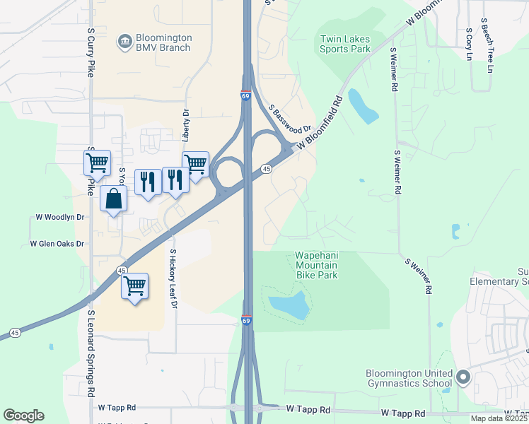 map of restaurants, bars, coffee shops, grocery stores, and more near 1648 South Oakdale Drive in Bloomington