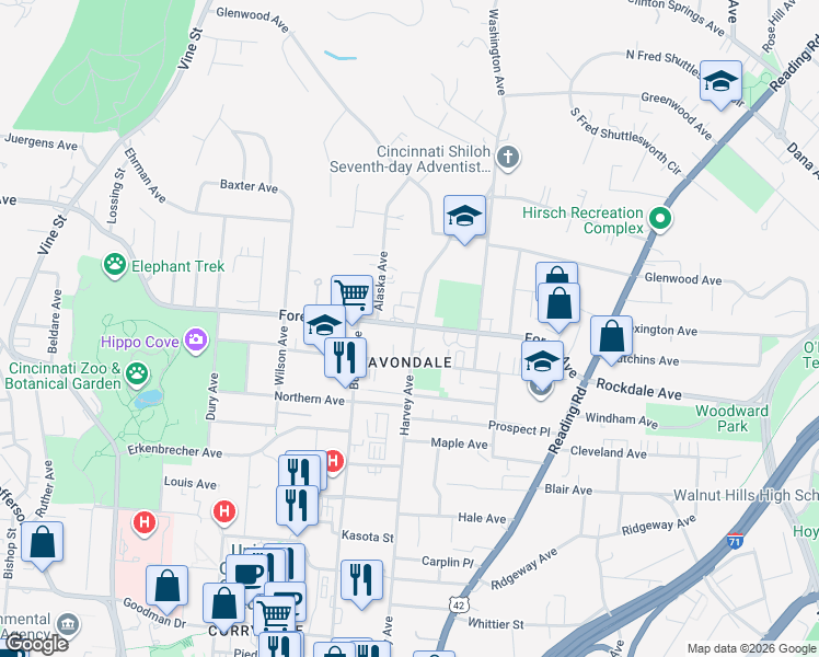 map of restaurants, bars, coffee shops, grocery stores, and more near in Cincinnati