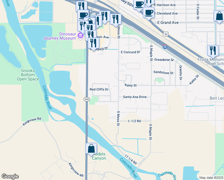 map of restaurants, bars, coffee shops, grocery stores, and more near 198 Red Cliffs Drive in Fruita