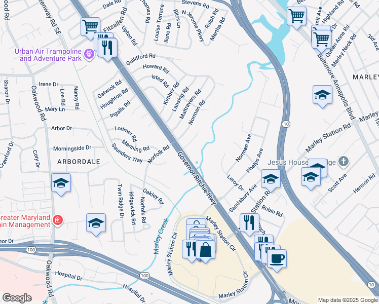 map of restaurants, bars, coffee shops, grocery stores, and more near 2100 Eastway in Glen Burnie