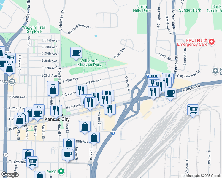 map of restaurants, bars, coffee shops, grocery stores, and more near 1400 East 21st Avenue in North Kansas City